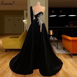 Luxury Black Velvet Prom Dresses With Gold Crystal High Slit
